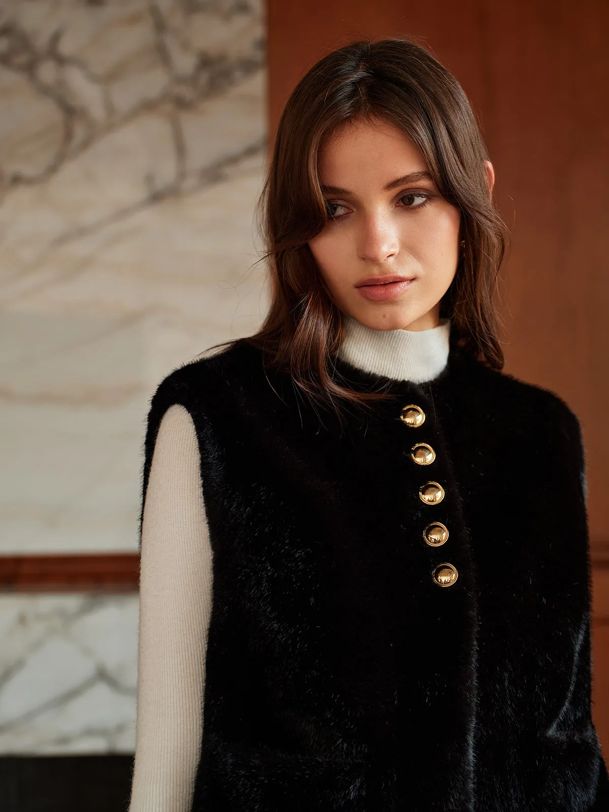 Round Neck Button Faux Fur Vest sold by COMMENSE product image thumbnail 2