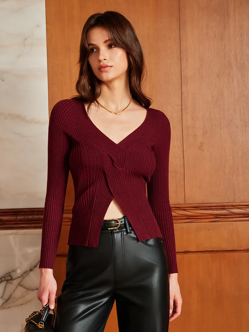 V-Neck Criss Cross Knotted Sweater sold by COMMENSE