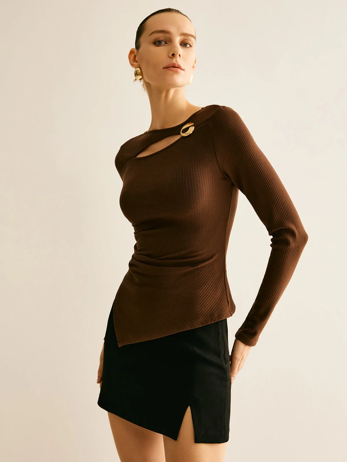 Asymmetrical Cutout Long Sleeve T-Shirt sold by COMMENSE product image thumbnail 4