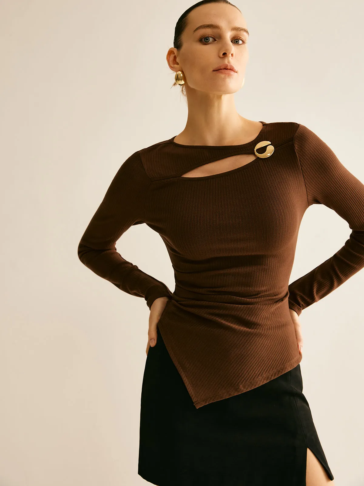 Asymmetrical Cutout Long Sleeve T-Shirt sold by COMMENSE product image thumbnail 3