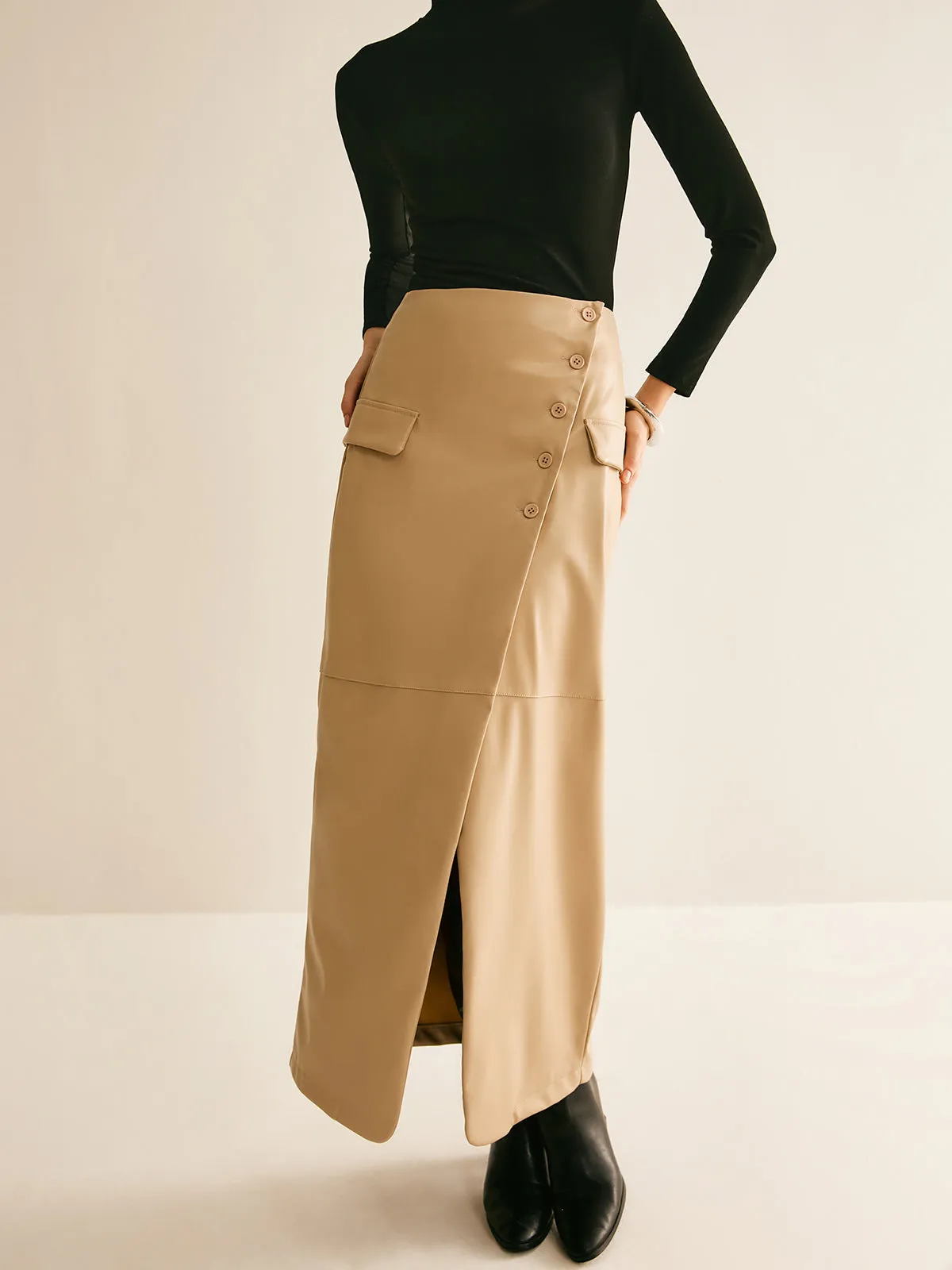 Asymmetrical Button Faux Leather Skirt sold by COMMENSE product image thumbnail 2