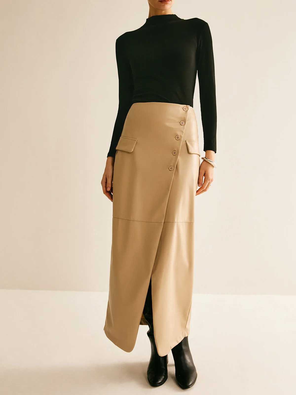 Asymmetrical Button Faux Leather Skirt sold by COMMENSE product image thumbnail 3