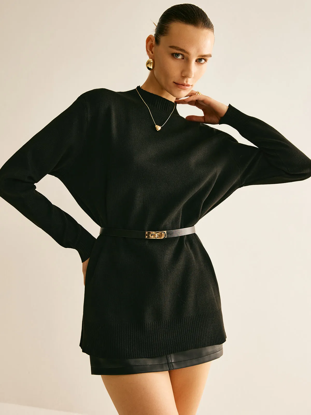 Plain Mock Neck Versatile Belted Sweater sold by COMMENSE product image thumbnail 3