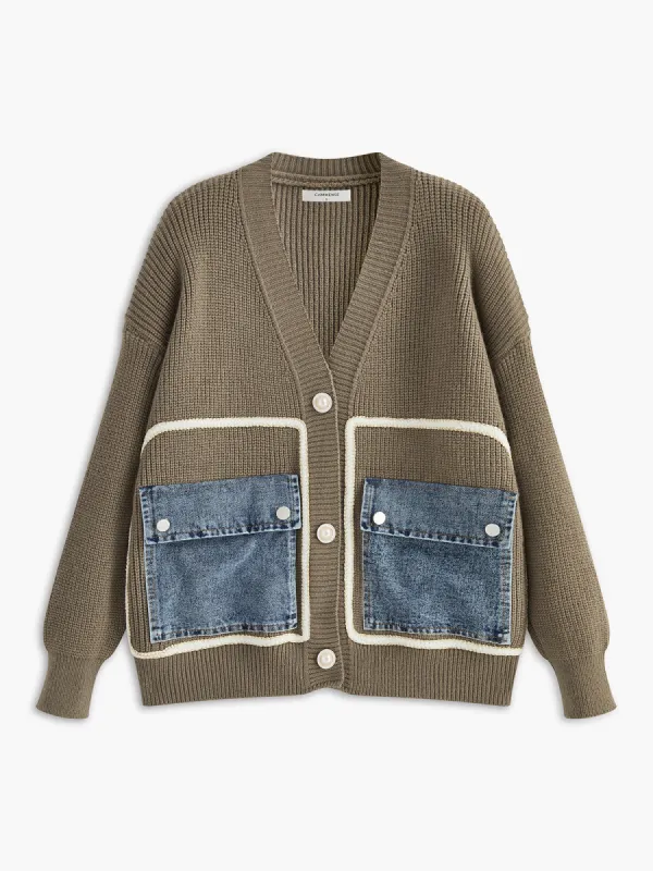 V-Neck Flap Pockets Panel Knit Outerwear sold by COMMENSE