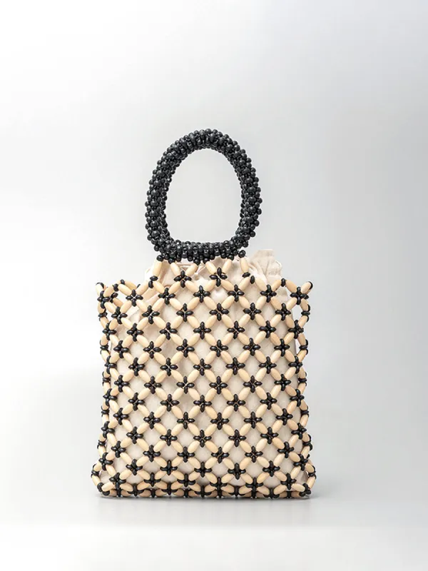 Contrast Binding Wood-Bead Woven Handbag sold by COMMENSE