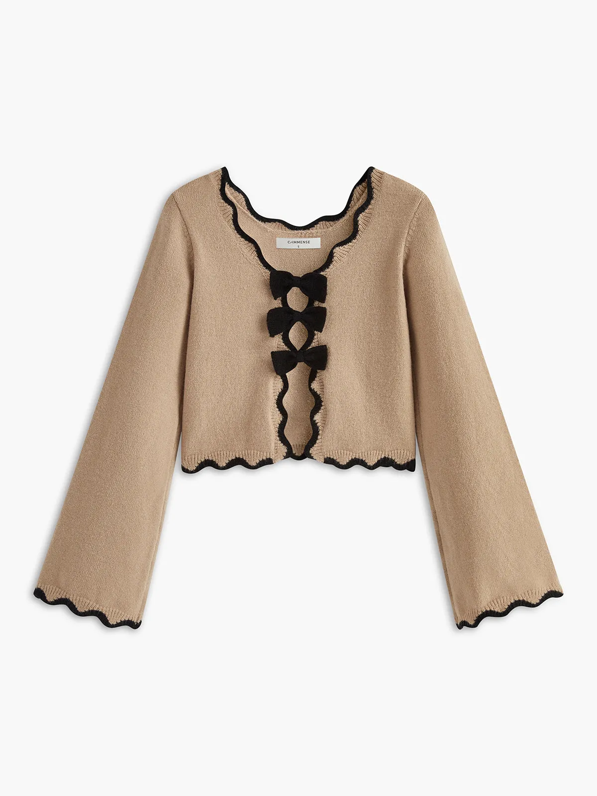 Contrast Wave Trim Bow Sweater sold by COMMENSE