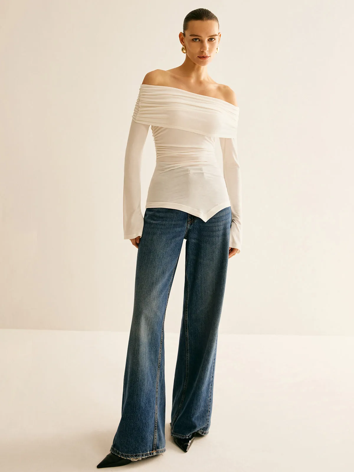 Asymmetrical Ruched Off Shoulder T-Shirt sold by COMMENSE product image thumbnail 3