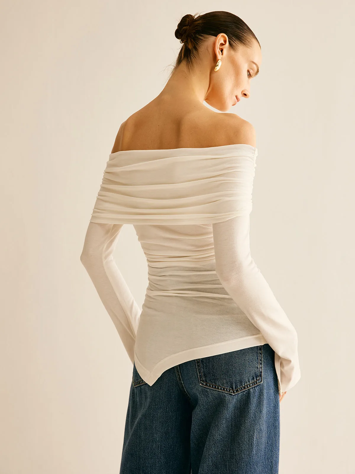 Asymmetrical Ruched Off Shoulder T-Shirt sold by COMMENSE product image thumbnail 4