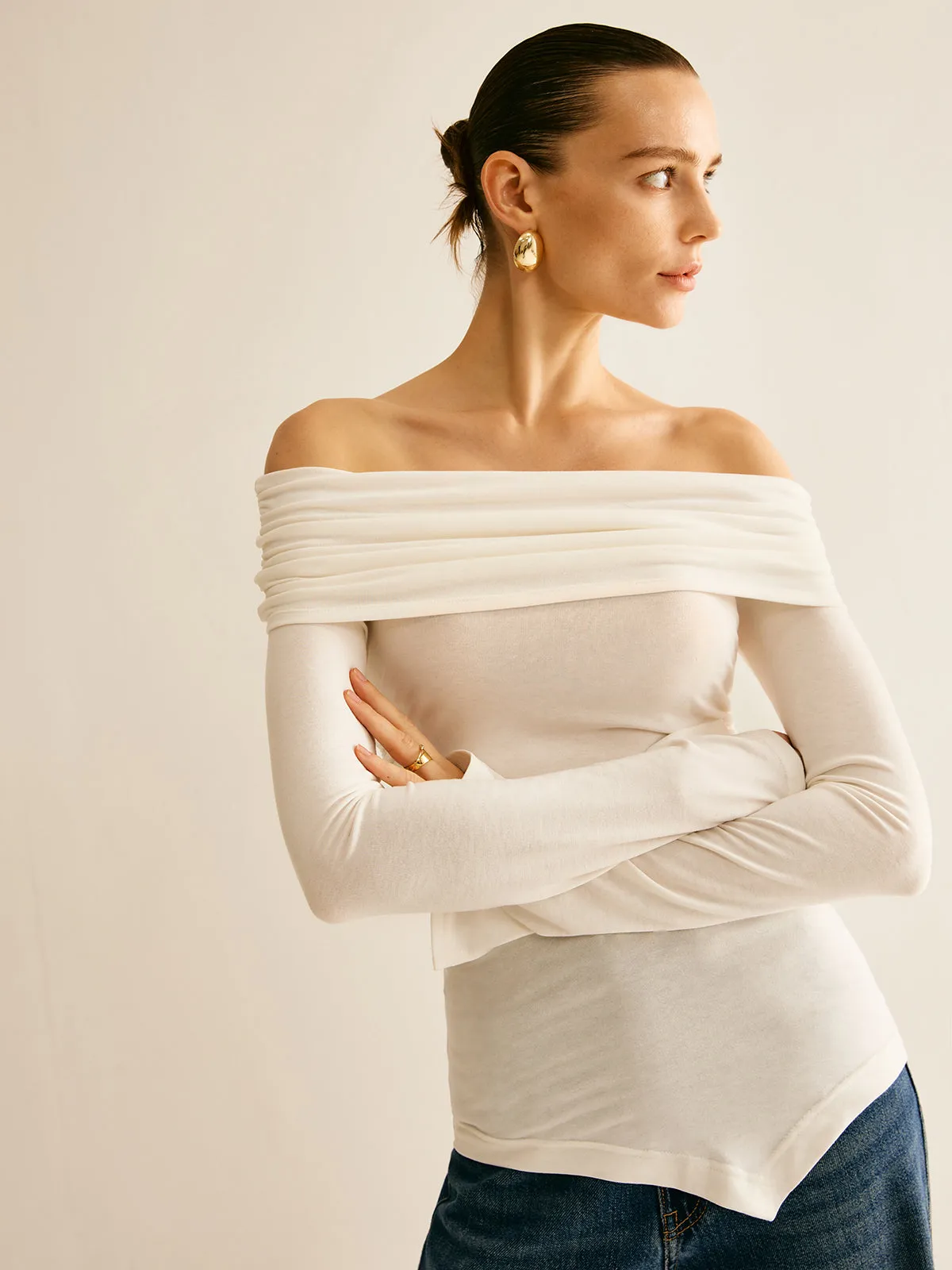 Asymmetrical Ruched Off Shoulder T-Shirt sold by COMMENSE