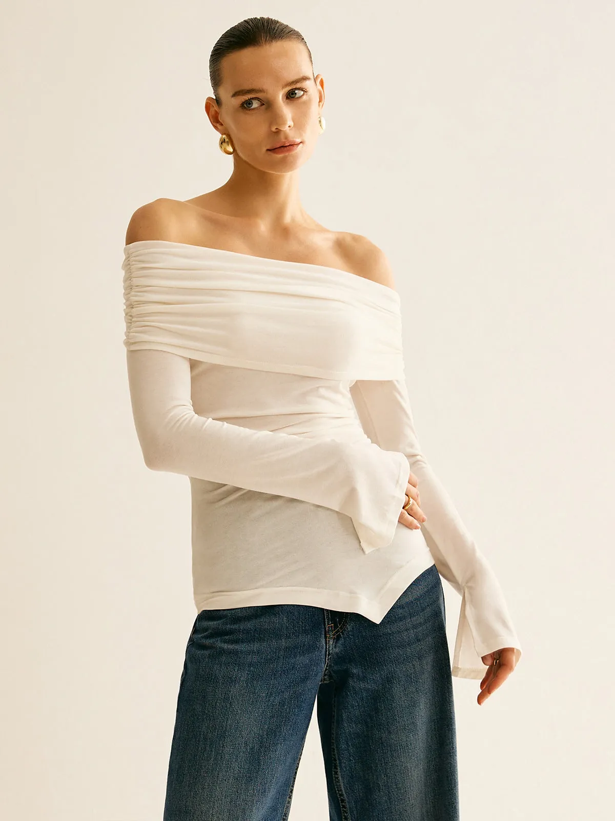 Asymmetrical Ruched Off Shoulder T-Shirt sold by COMMENSE product image thumbnail 5