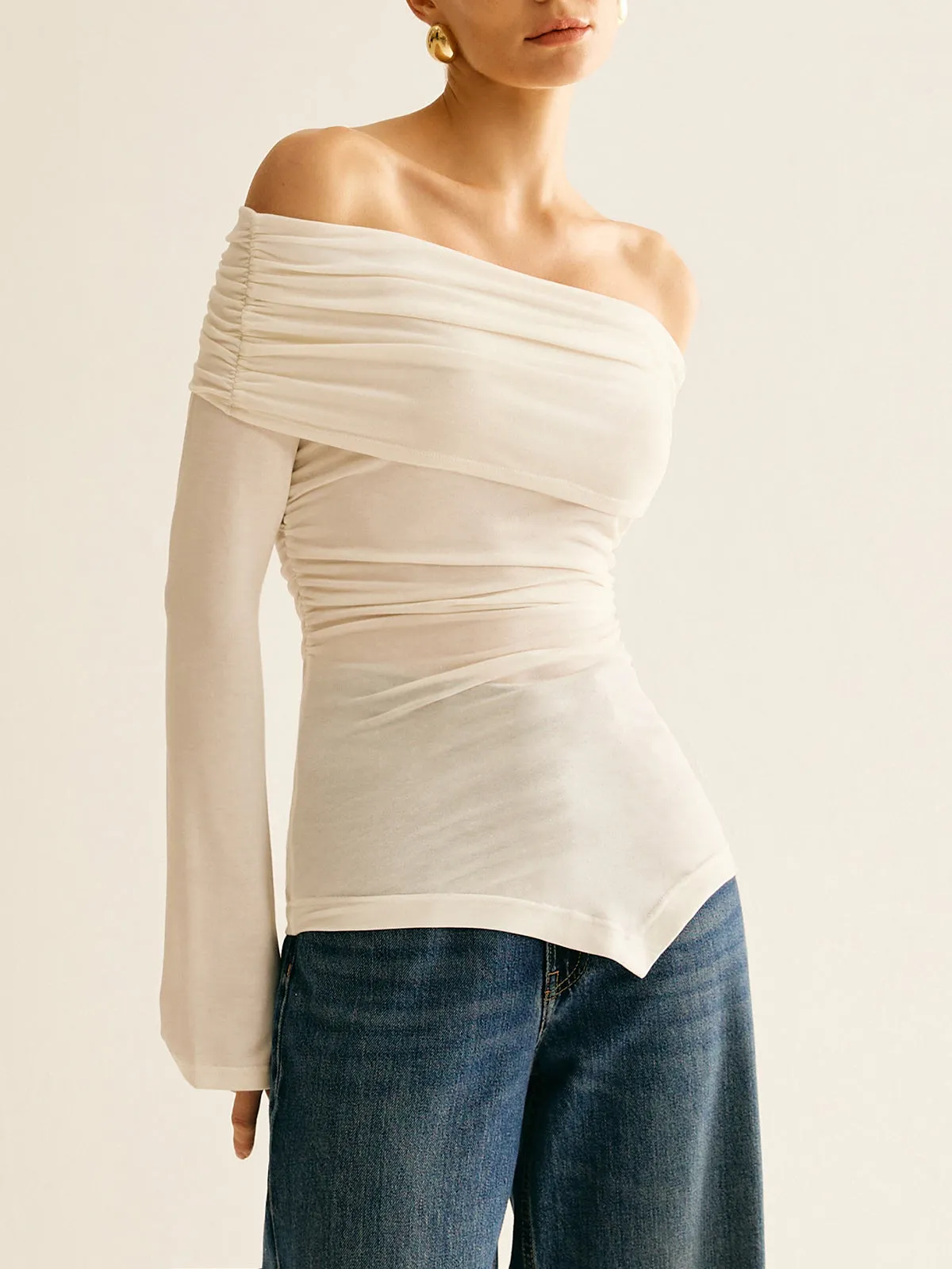 Asymmetrical Ruched Off Shoulder T-Shirt sold by COMMENSE product image thumbnail 2