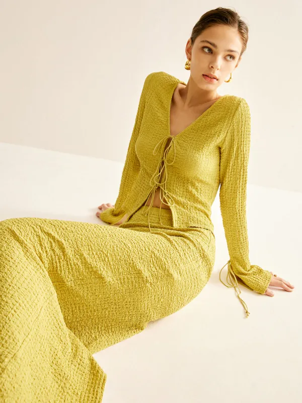 Plain V-Neck Lace Up Skirt Set sold by COMMENSE