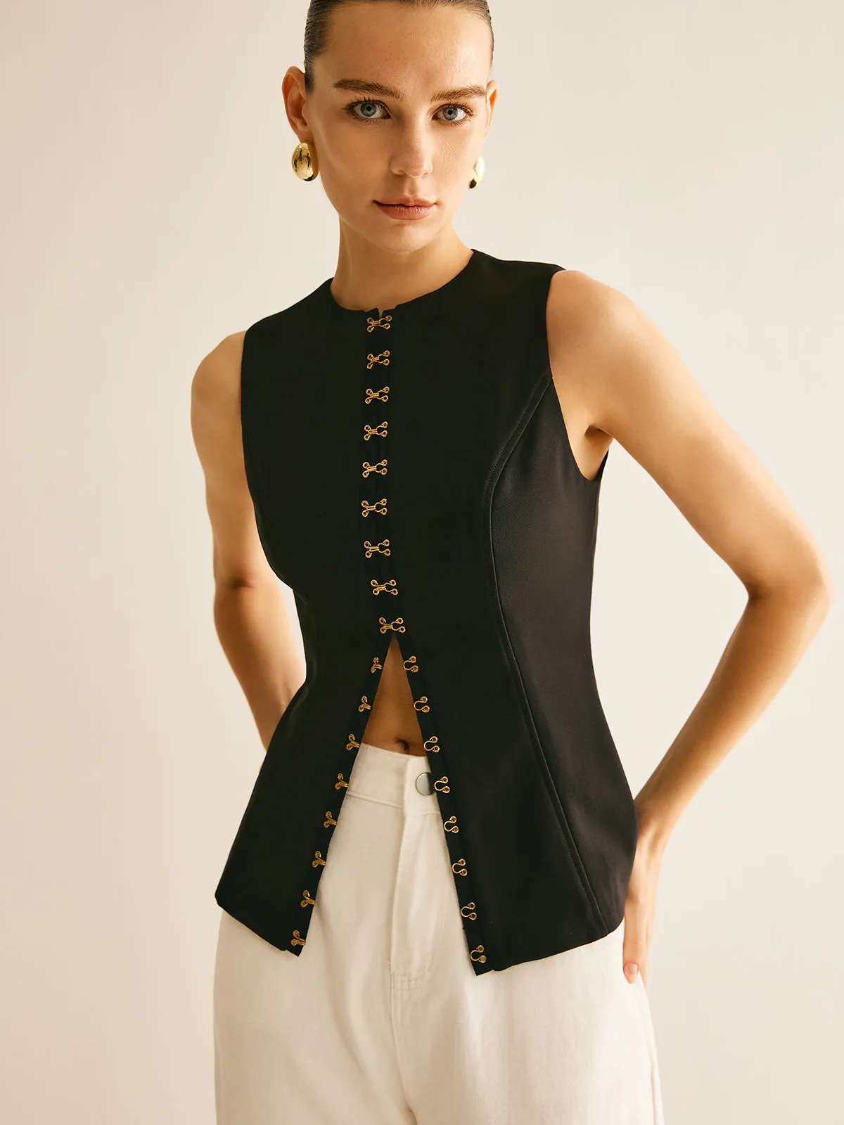 Round Neck Metal-Detail Vest sold by COMMENSE