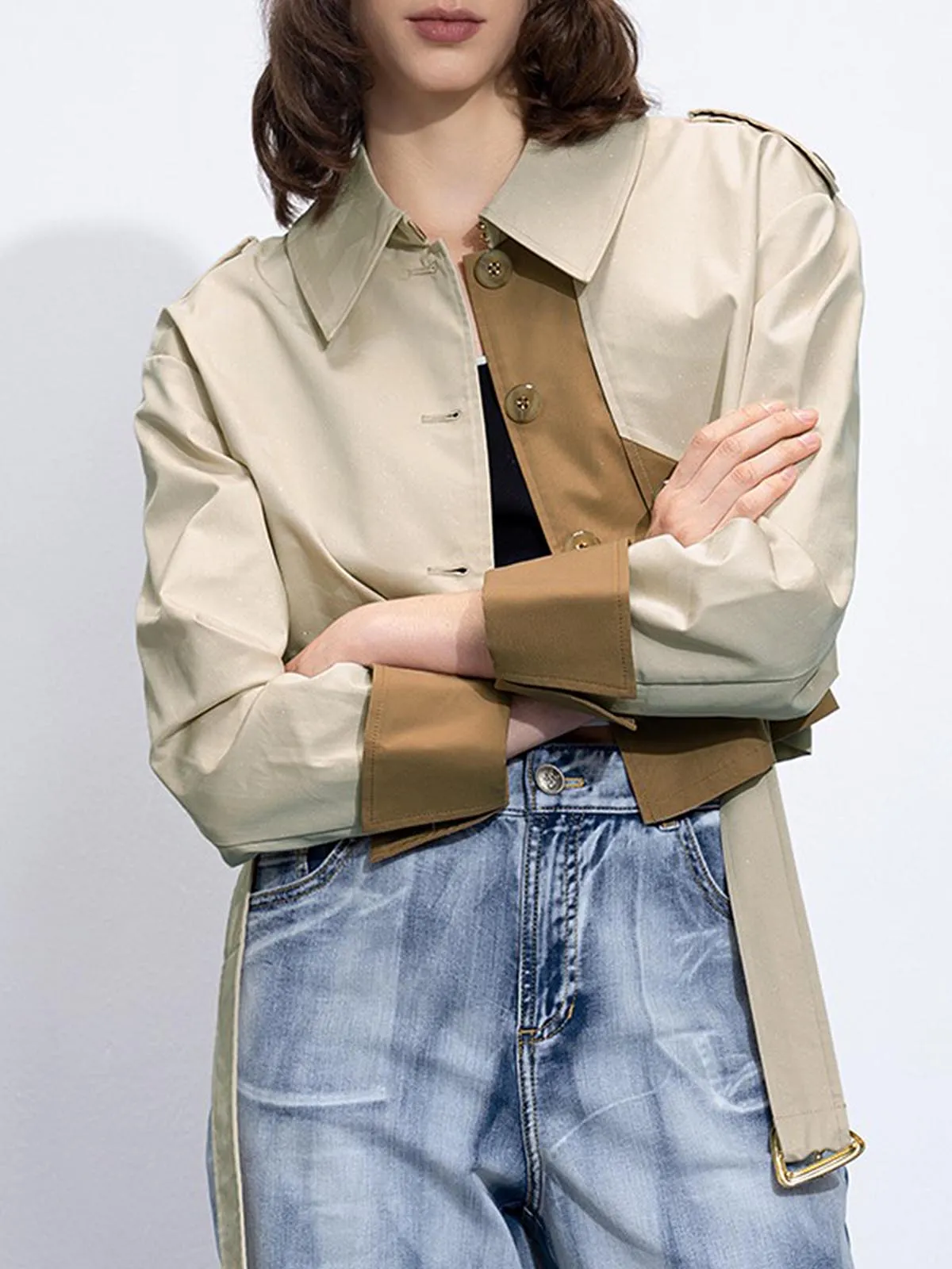 Two Tone Buckle Belted Trench Coat sold by COMMENSE product image thumbnail 4