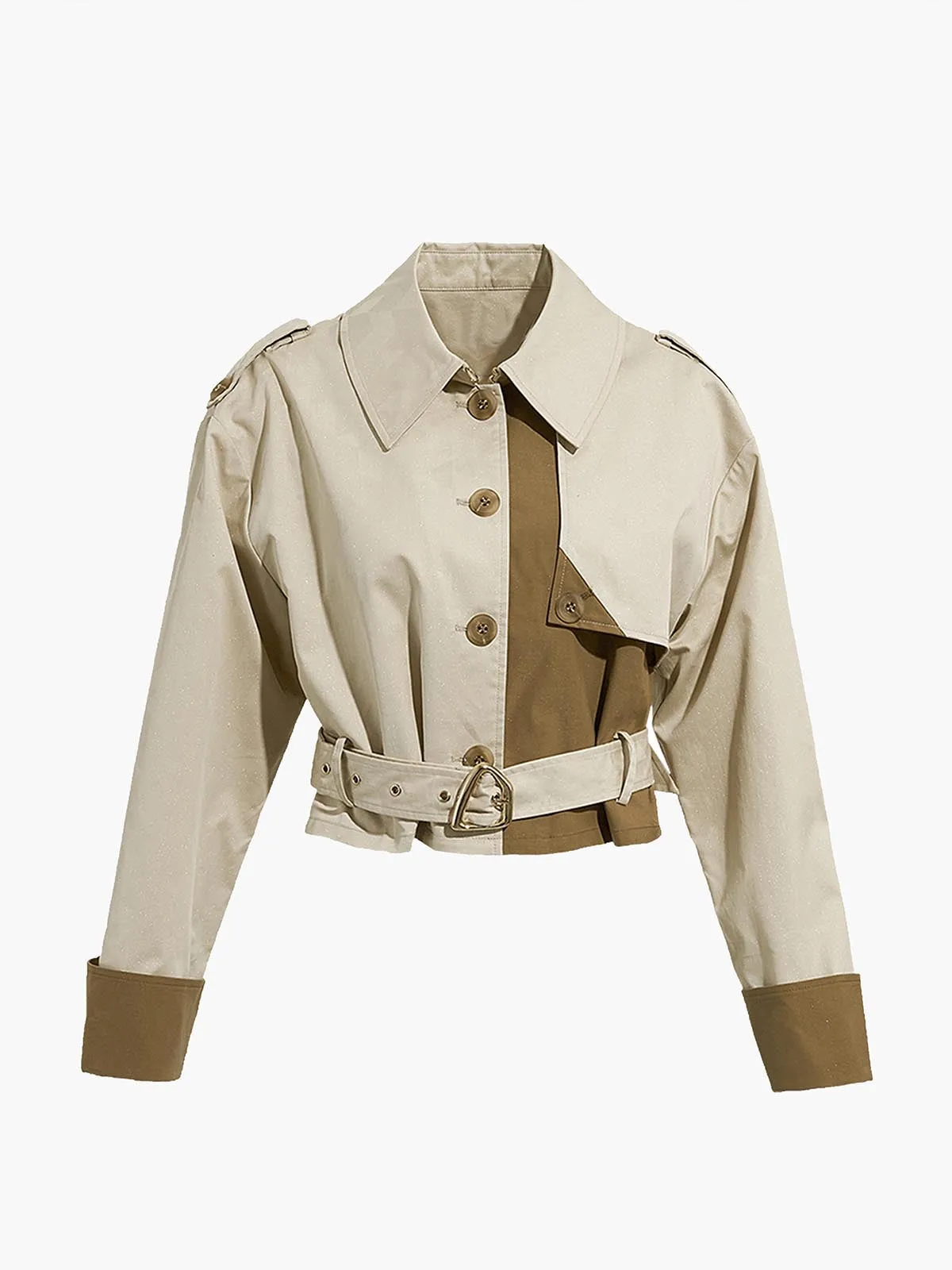 Two Tone Buckle Belted Trench Coat sold by COMMENSE