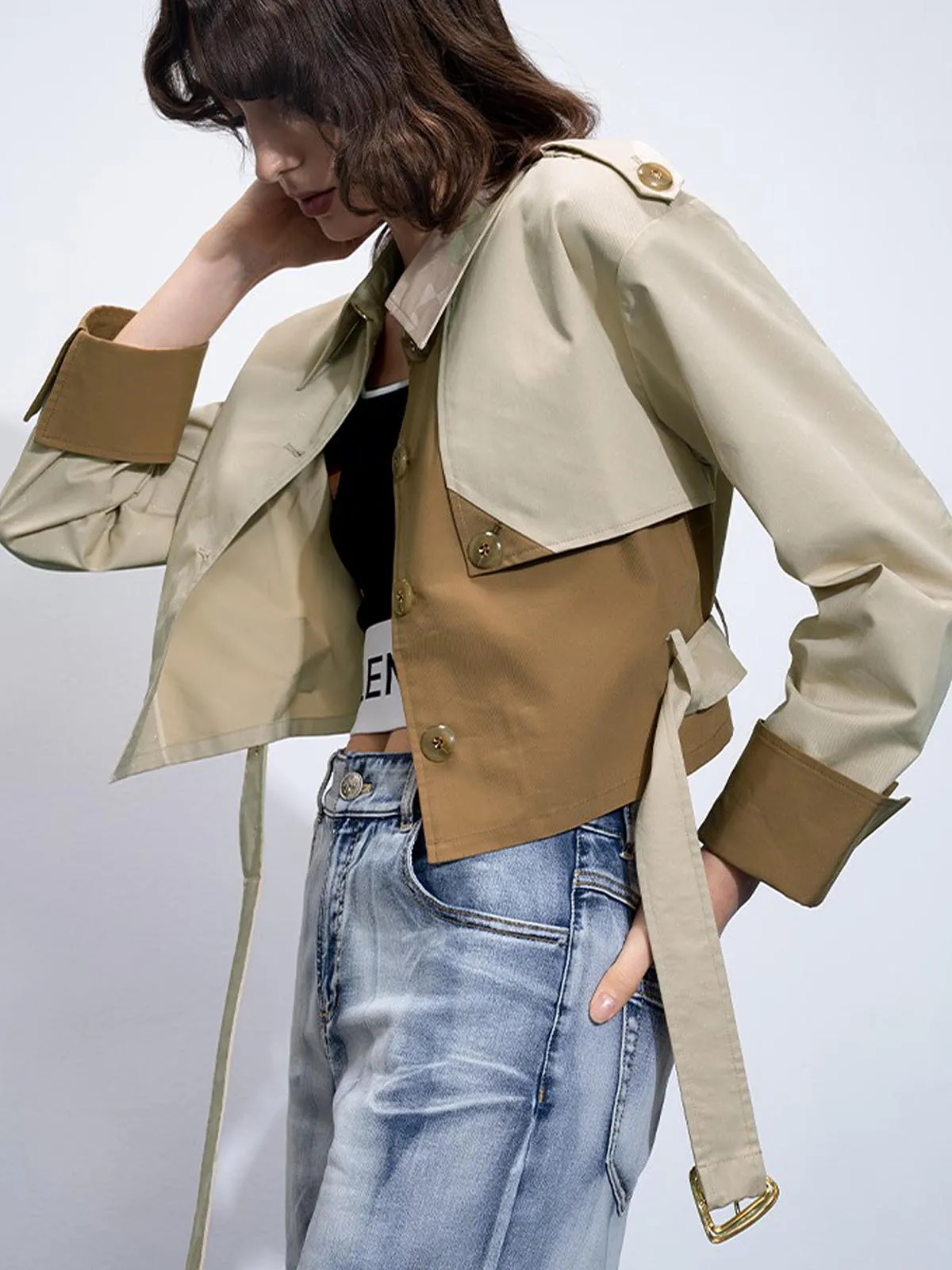Two Tone Buckle Belted Trench Coat sold by COMMENSE product image thumbnail 3