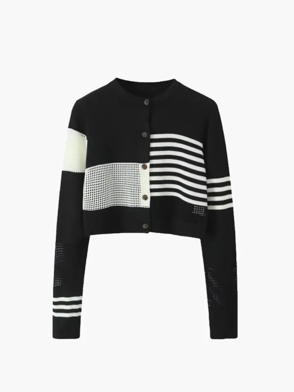 Geometric Color Block Breasted Knit Top sold by COMMENSE