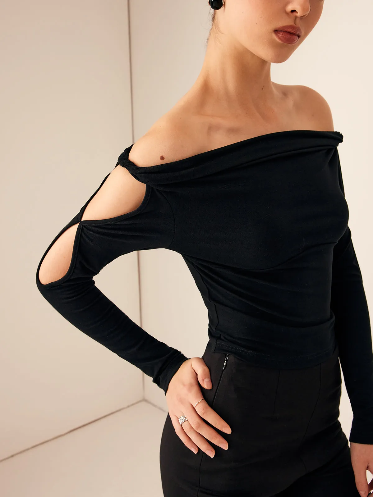 Off-Shoulder Cutout-Sleeve Slim Blouse sold by COMMENSE