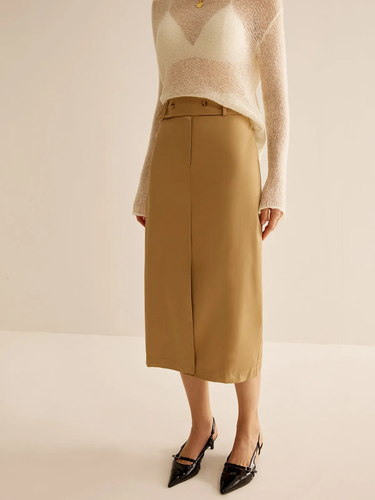 Front Split Wide-Belted Midi Skirt sold by COMMENSE product image thumbnail 5