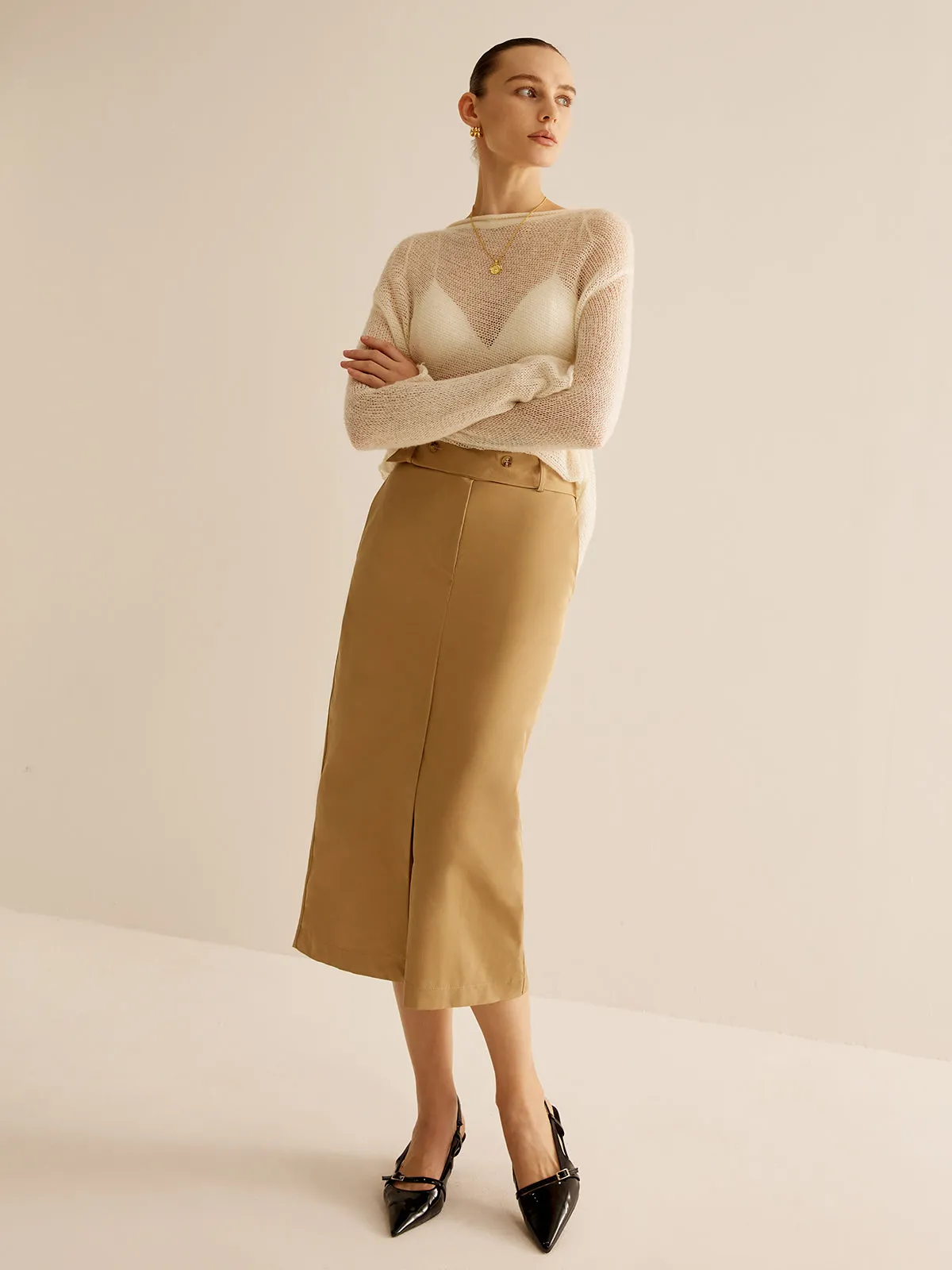Front Split Wide-Belted Midi Skirt sold by COMMENSE product image thumbnail 2