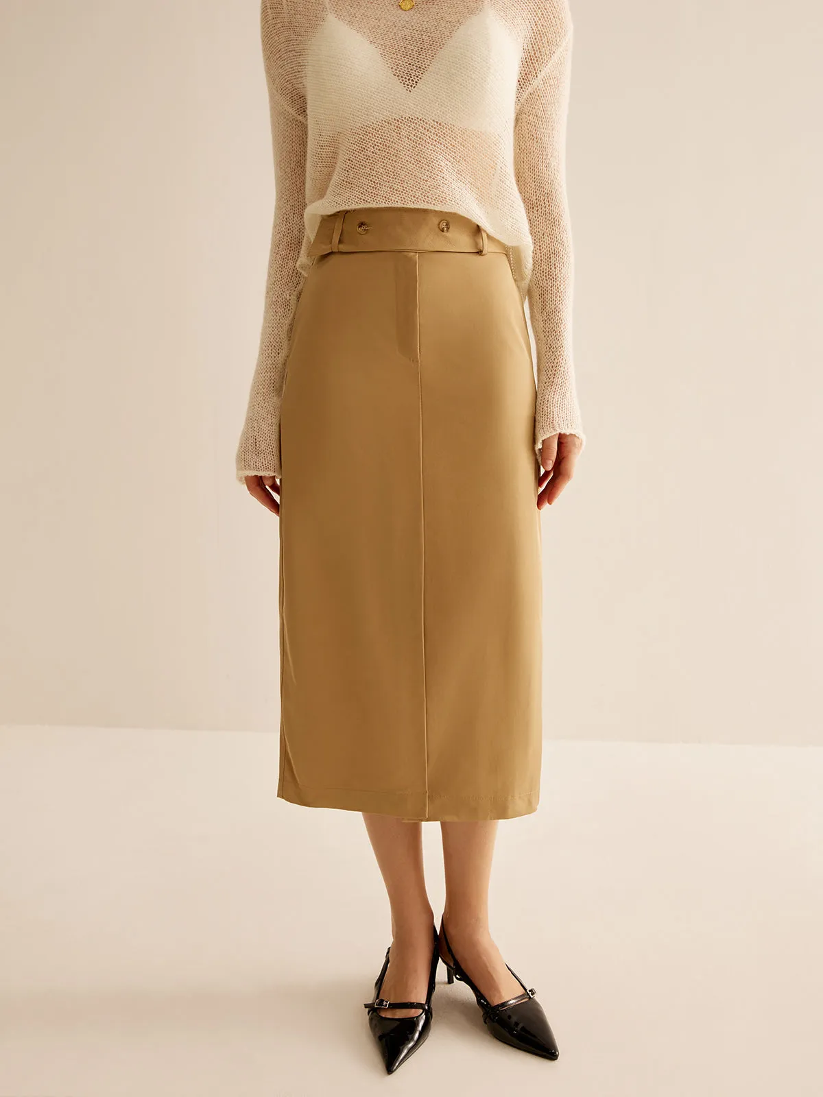 Front Split Wide-Belted Midi Skirt sold by COMMENSE product image thumbnail 3