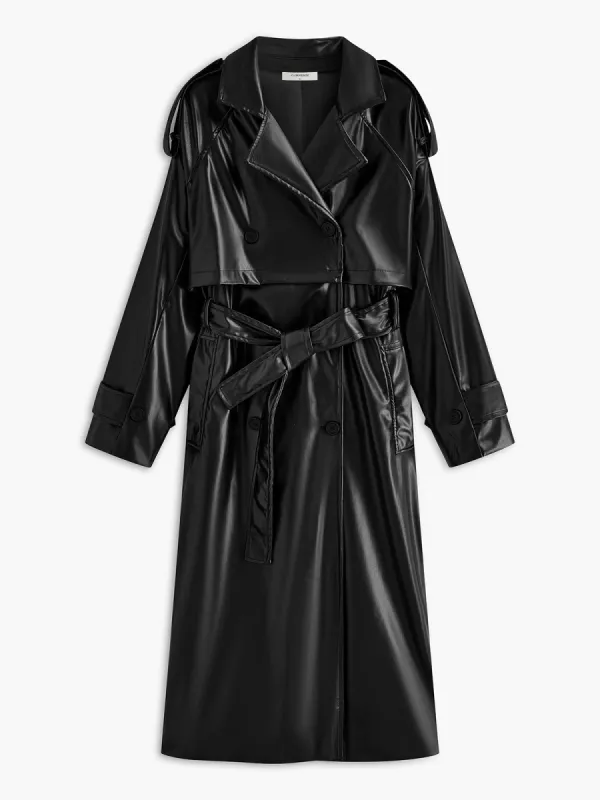 Belted Faux Leather Long Jacket sold by COMMENSE