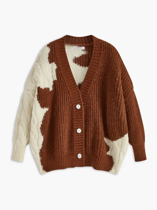 V-Neck Color Block Cream Cardigan sold by COMMENSE