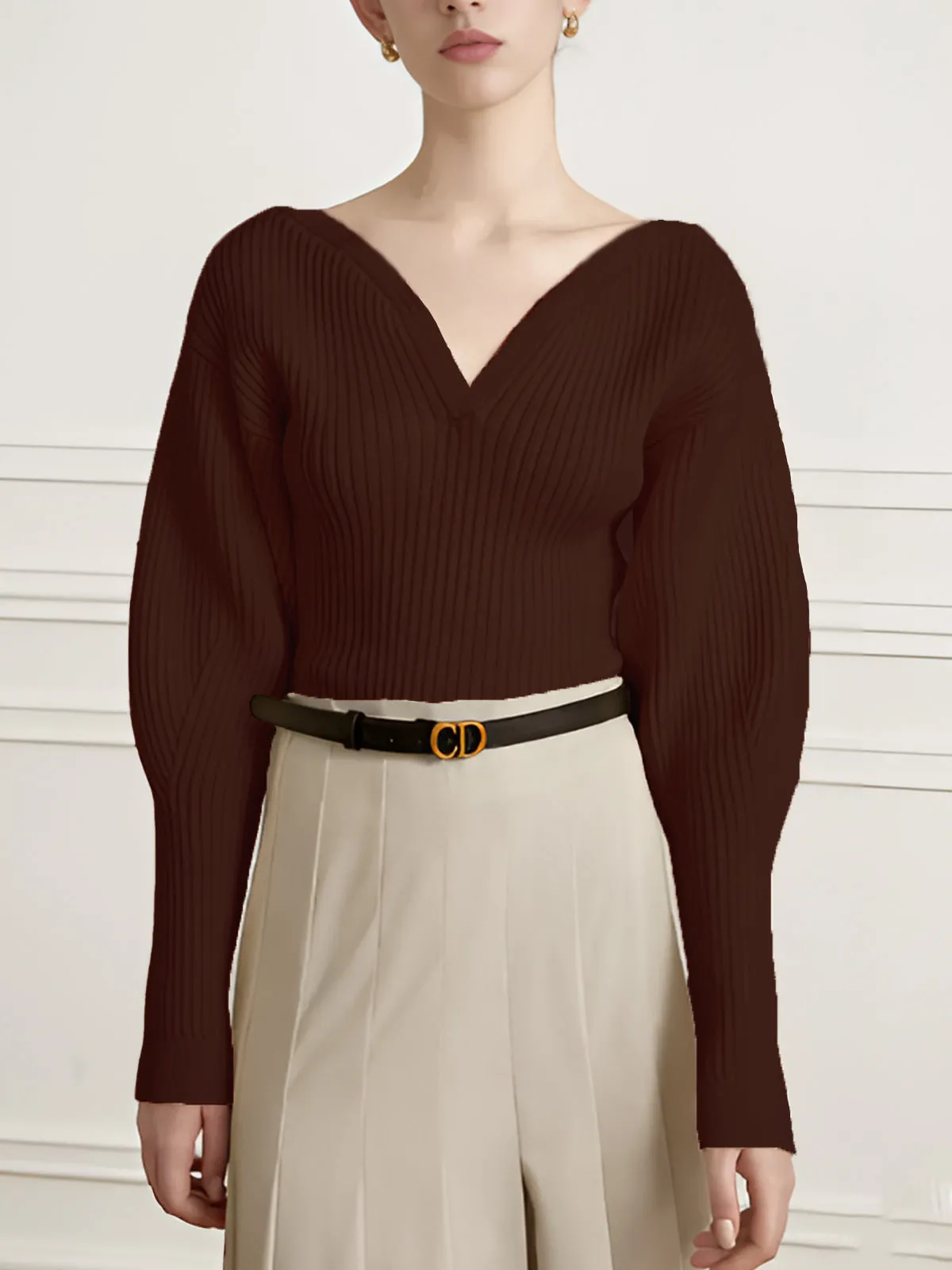 V-Neck Bud-Sleeve Sweater sold by COMMENSE product image thumbnail 2