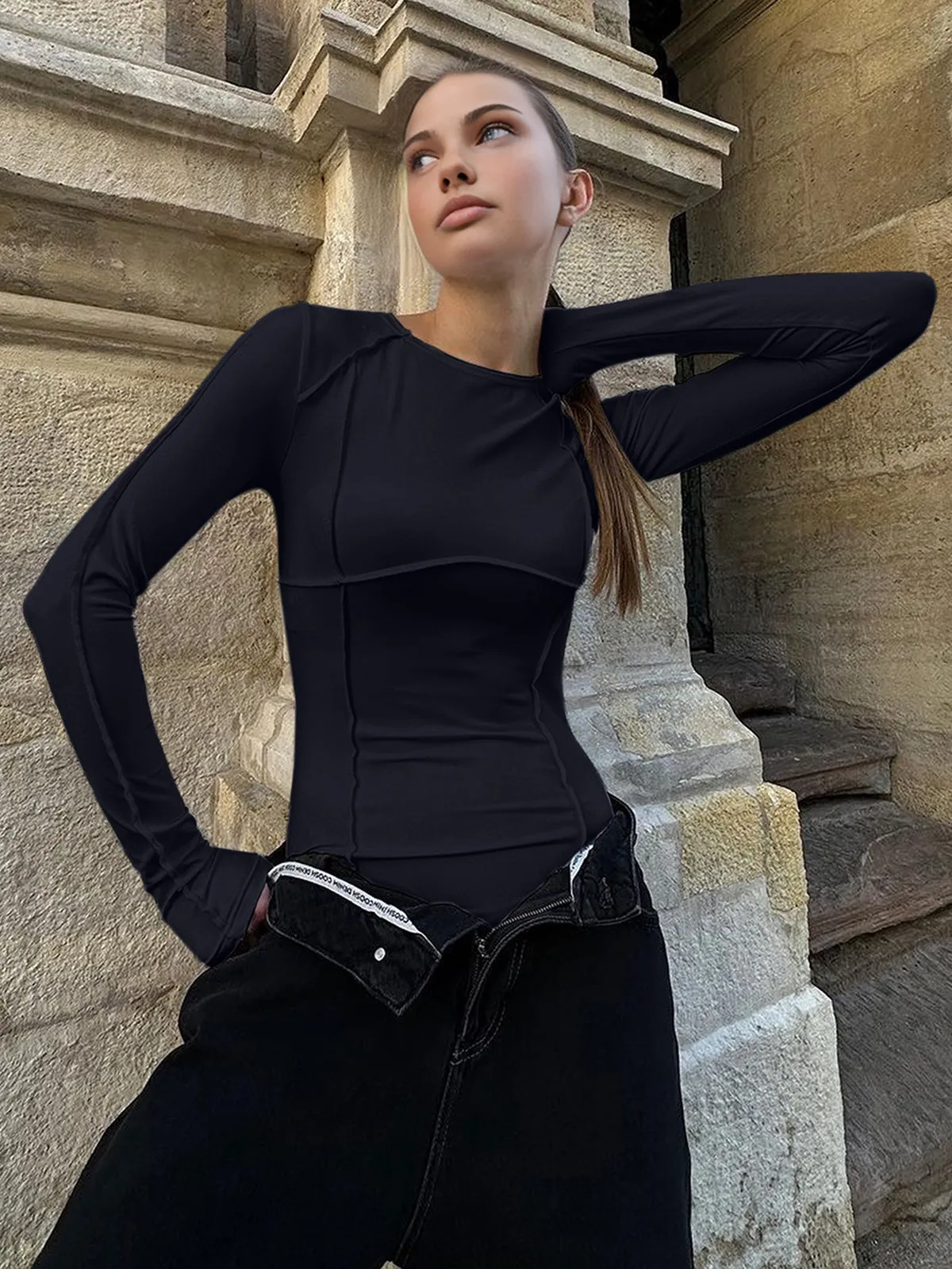 Round Neck Piping Slim Blouse sold by COMMENSE product image thumbnail 2