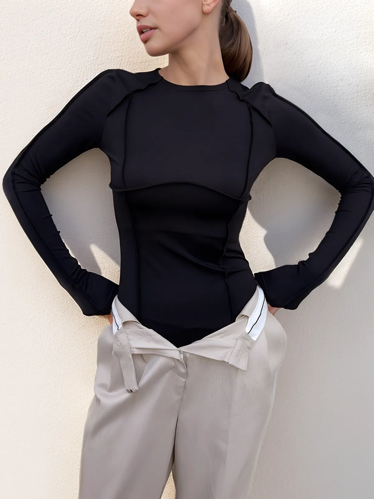 Round Neck Piping Slim Blouse sold by COMMENSE