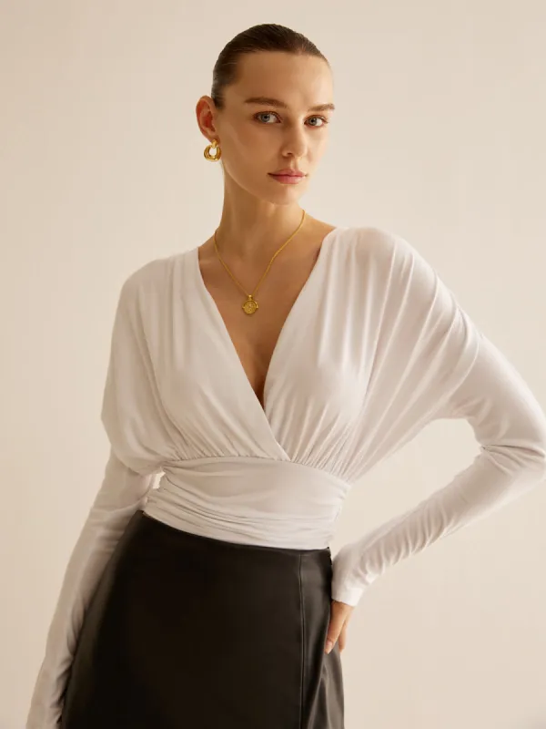 Cross-Over Collar Pleated Cinched T-Shirt sold by COMMENSE
