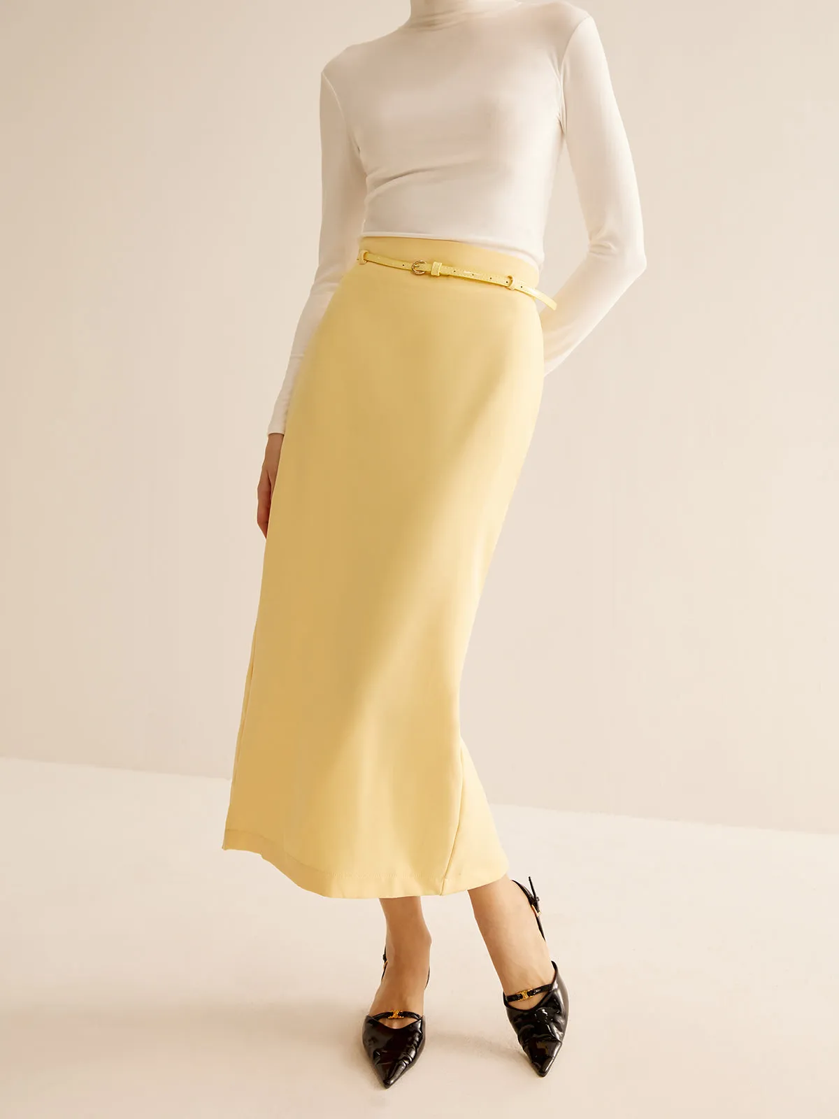 Romance Back-Split Belted Midi Skirt sold by COMMENSE