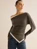Asymmetrical Contrast Trim Slim T-Shirt sold by COMMENSE