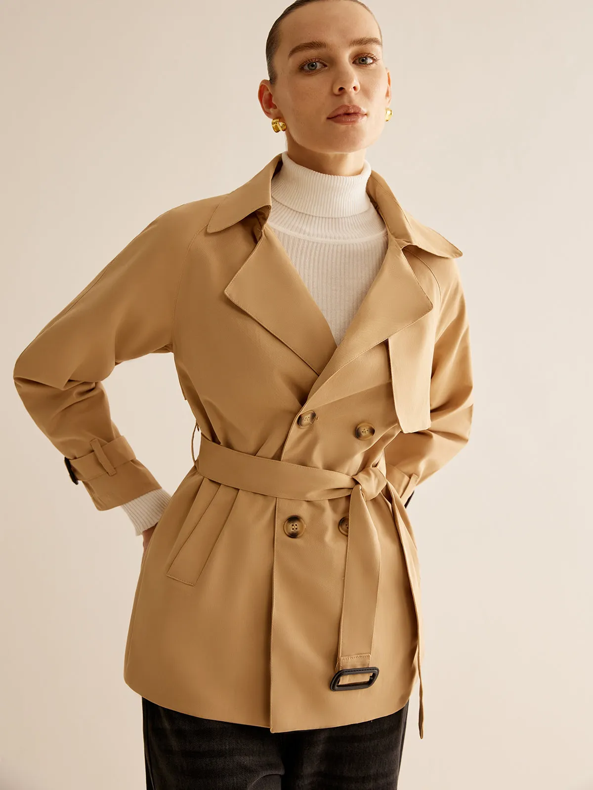 Buckle Design Lapel Belted Trench Coat sold by COMMENSE