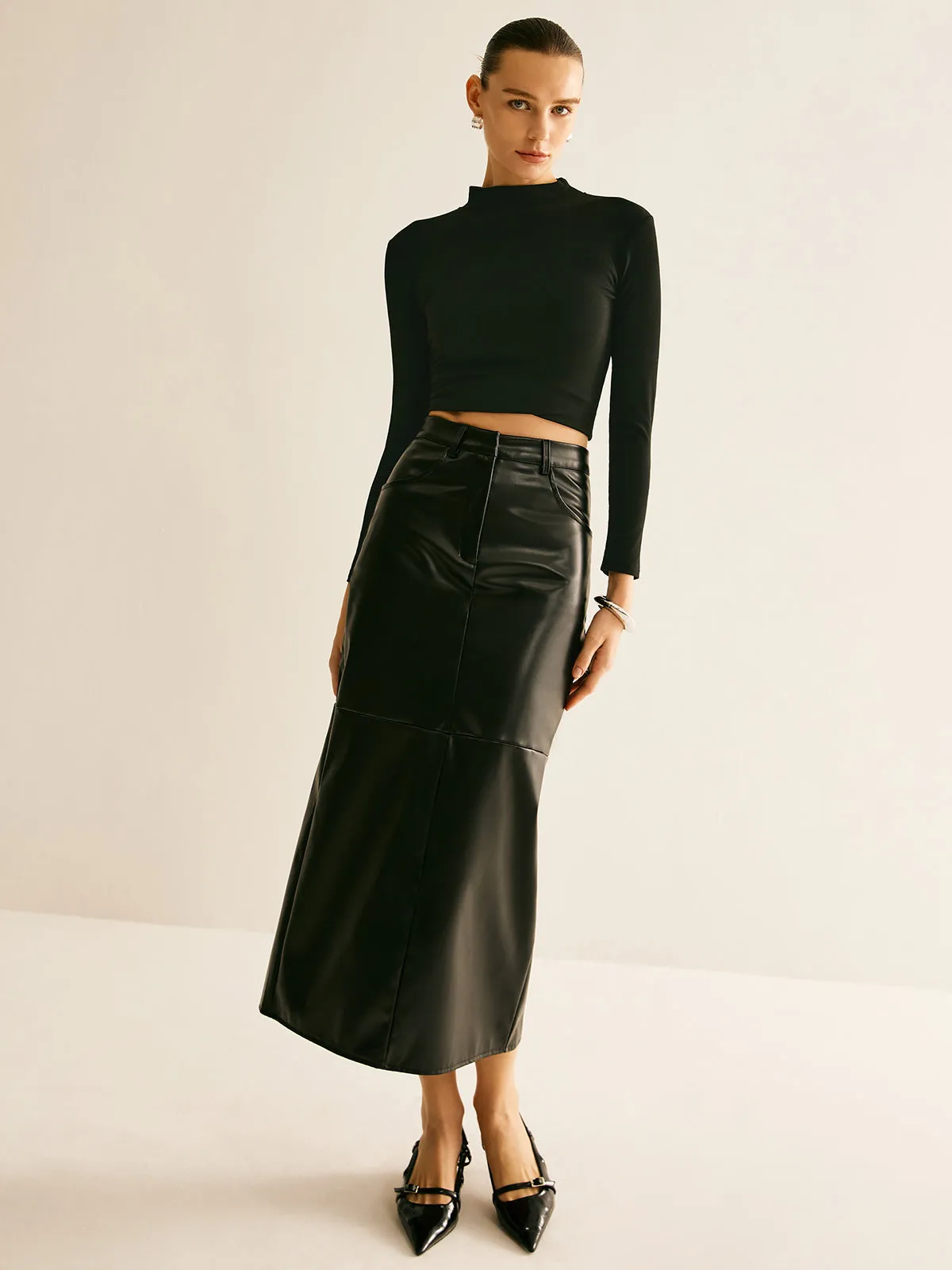 Piping PU Leather A-Line Skirt sold by COMMENSE product image thumbnail 5