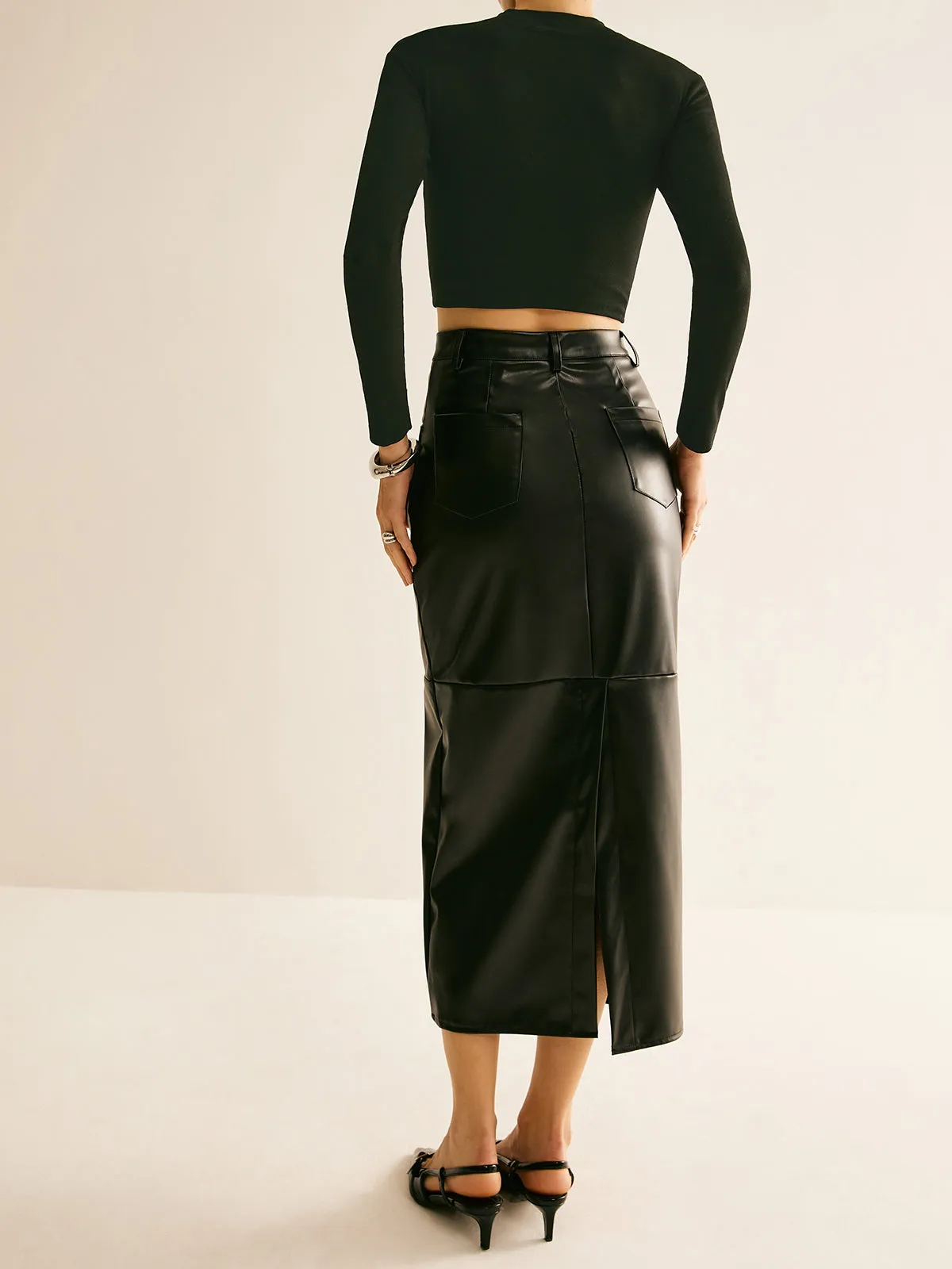 Piping PU Leather A-Line Skirt sold by COMMENSE product image thumbnail 3