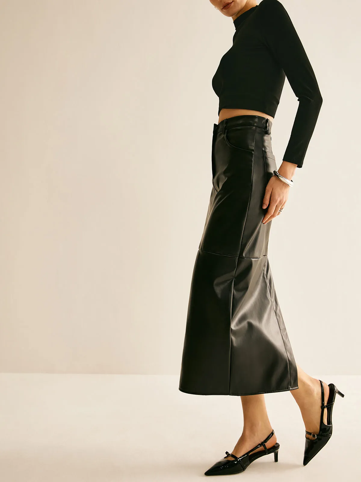 Piping PU Leather A-Line Skirt sold by COMMENSE product image thumbnail 4