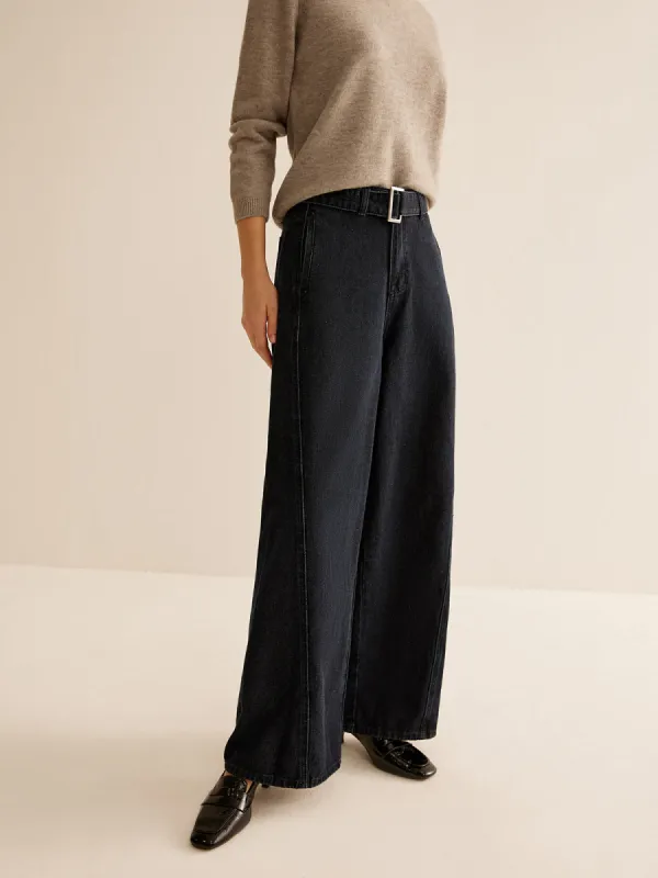 Washed Denim Belted Straight Pants sold by COMMENSE