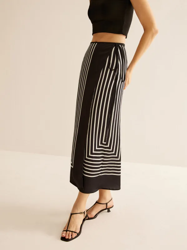 Geometric Pinstripe Satin Wrap Tie Skirt sold by COMMENSE