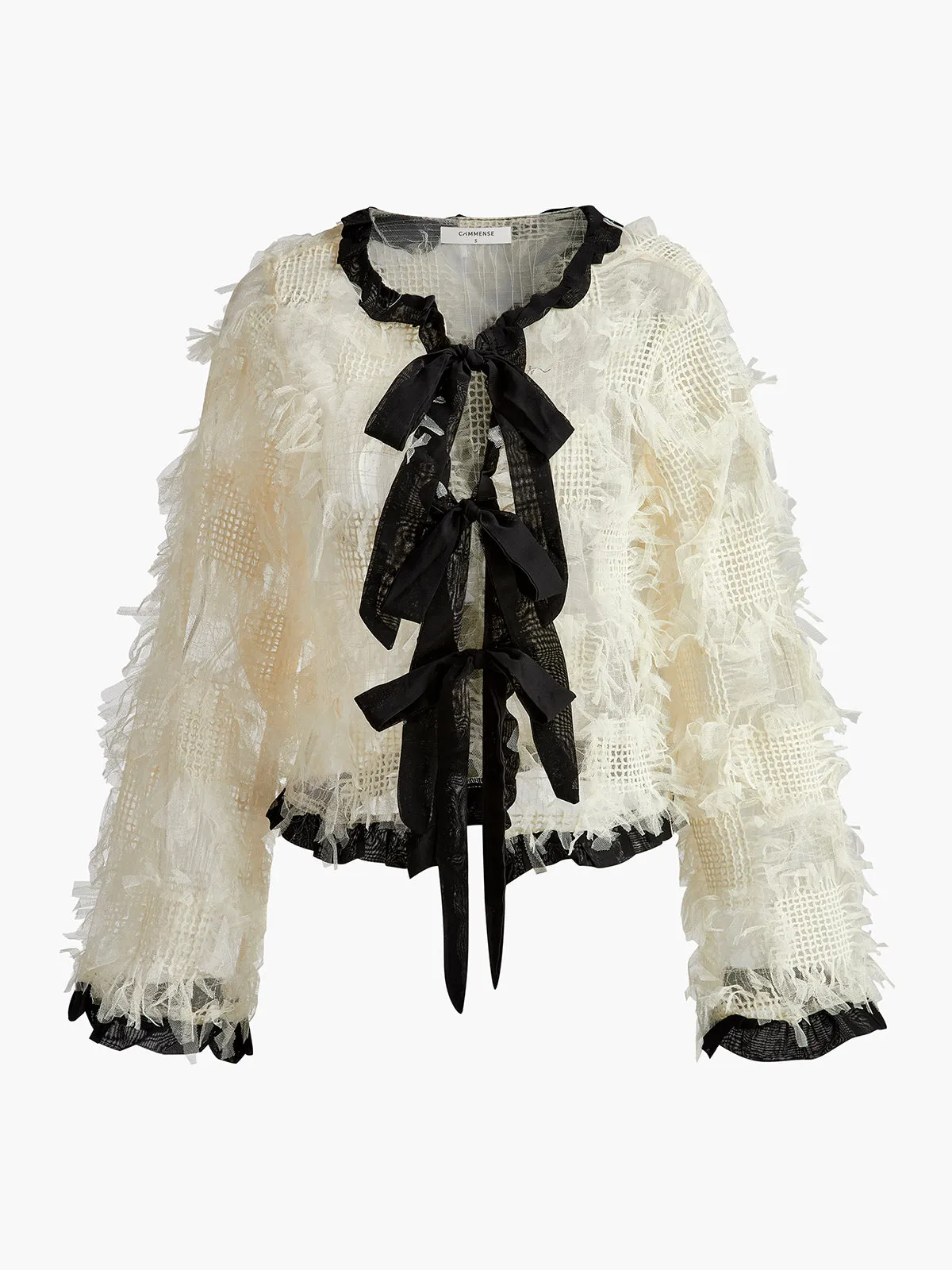 Elegant Contrast Trim Tie Shaggy Blouse sold by COMMENSE