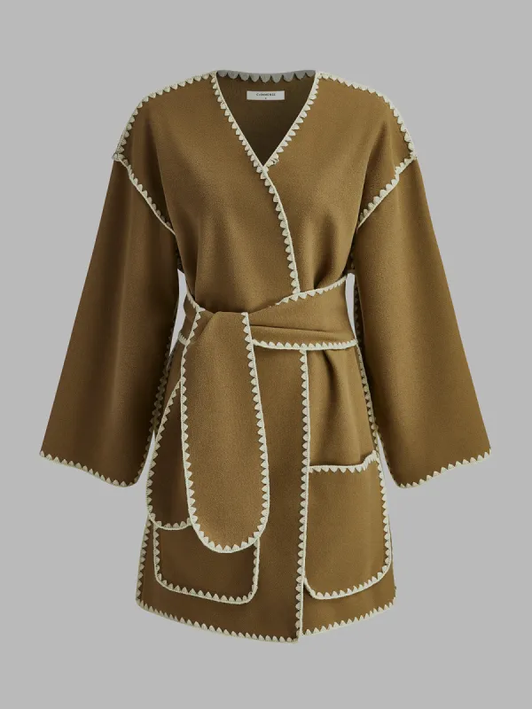 Embroidered Piping Wide Belted Wool Coat sold by COMMENSE