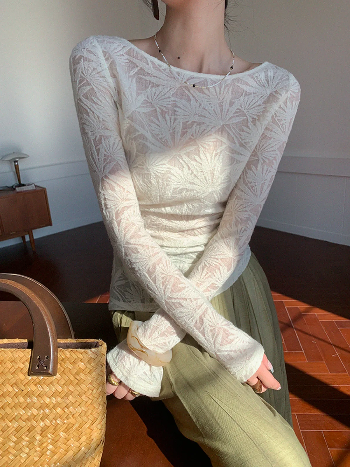 Semi-Sheer Lace Slim T-Shirt sold by COMMENSE product image thumbnail 3