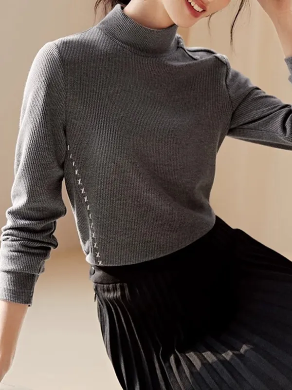 Mock Neck Ribbed Embroidered Trim T-Shirt sold by COMMENSE