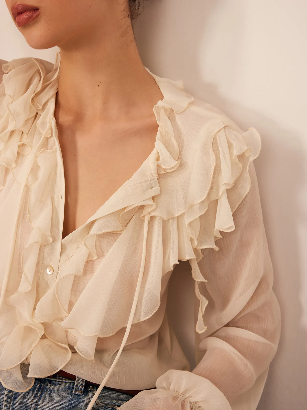 Ruffle Chiffon Breasted Thin Shirt sold by COMMENSE product image thumbnail 3