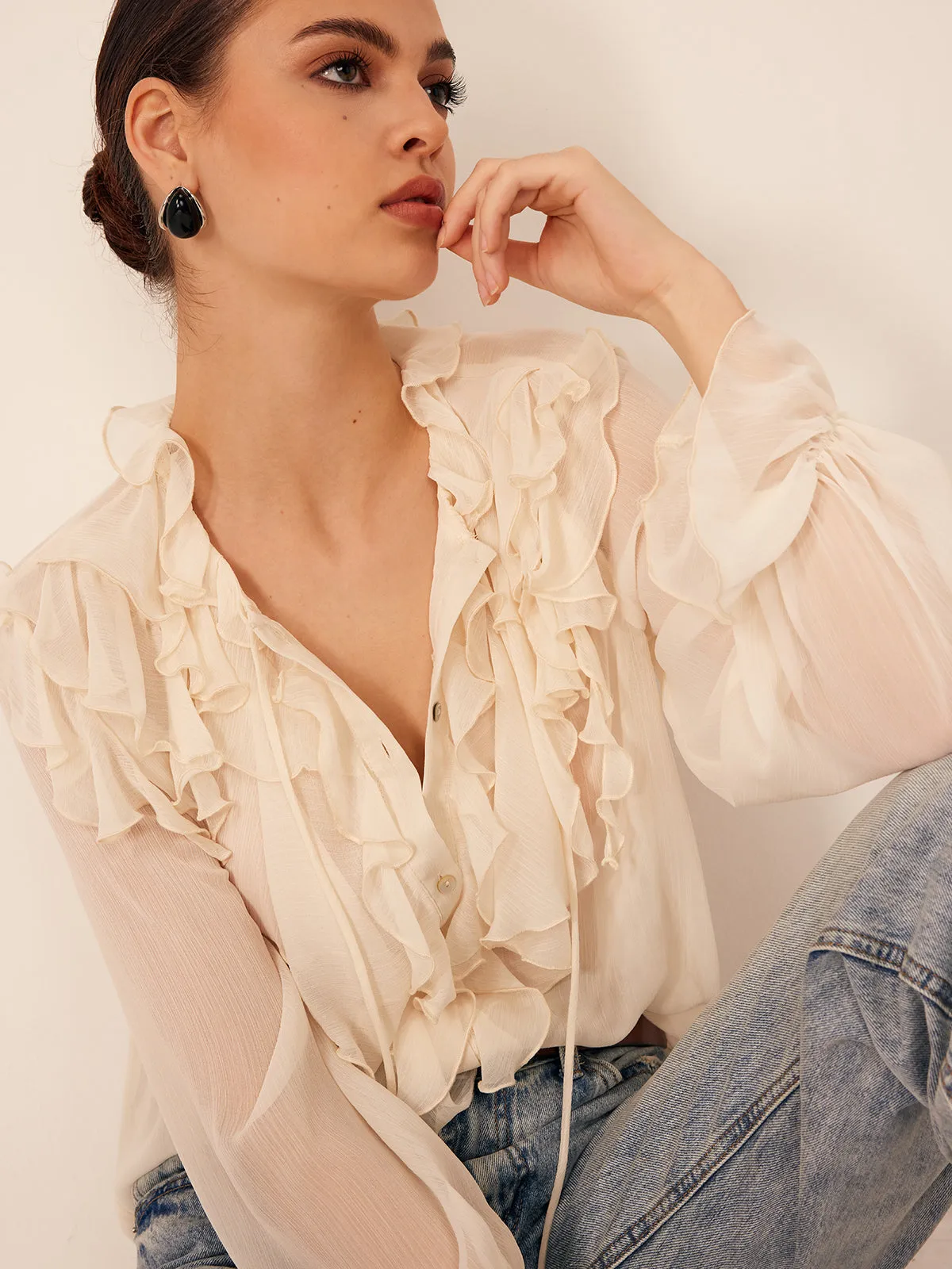 Ruffle Chiffon Breasted Thin Shirt sold by COMMENSE product image thumbnail 4