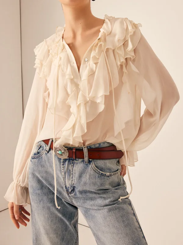 Ruffle Chiffon Breasted Thin Shirt sold by COMMENSE