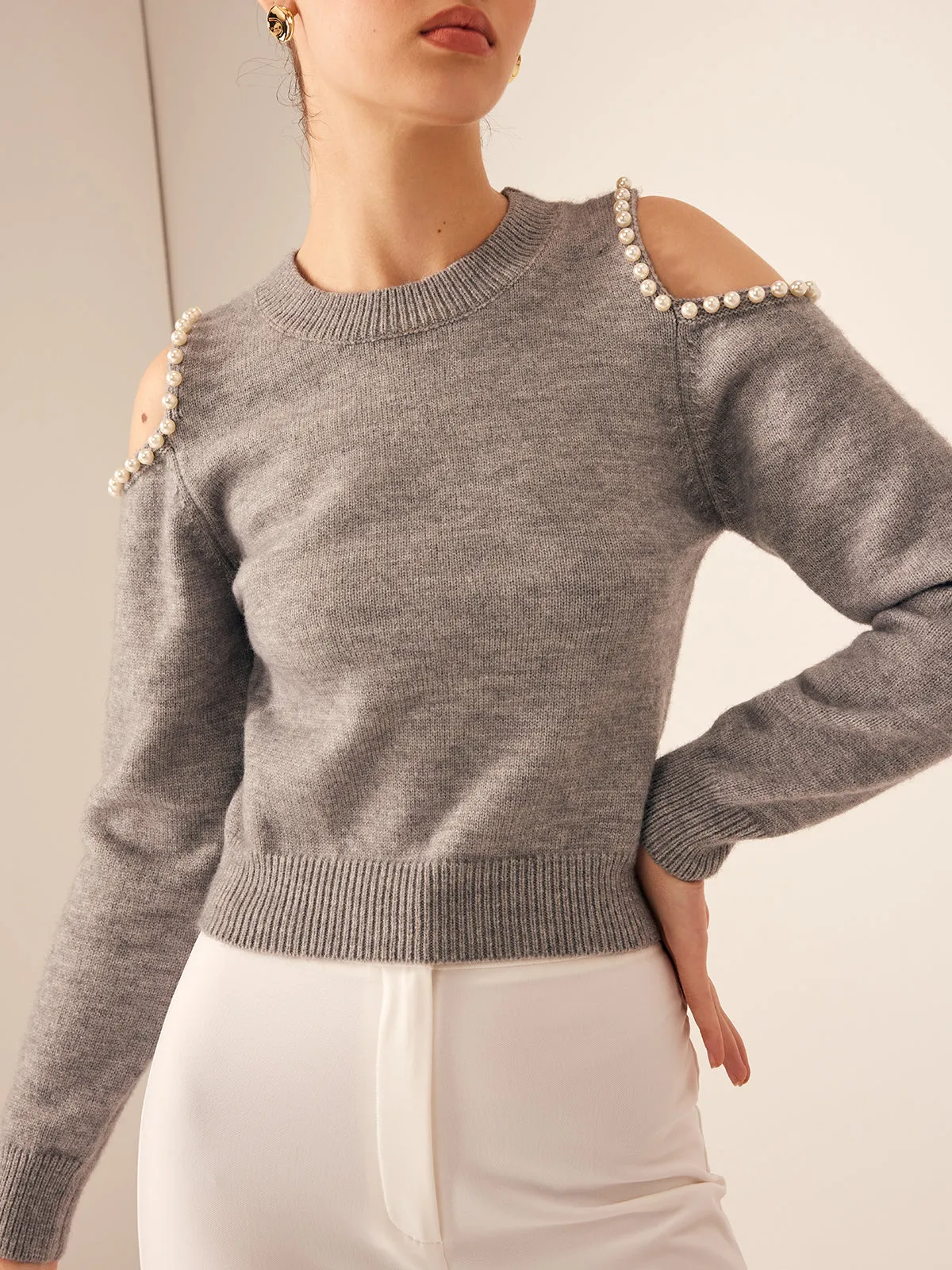 Cutout Pearl Beaded Sweater sold by COMMENSE