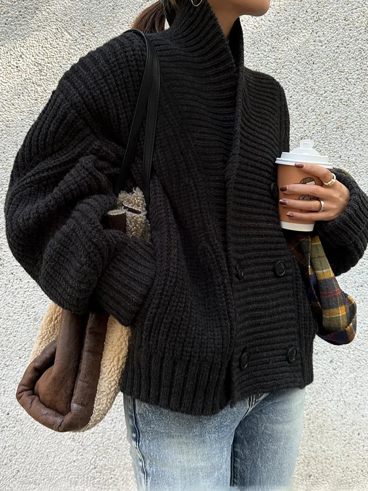 Ribbed Lapel Button Knit Outerwear sold by COMMENSE