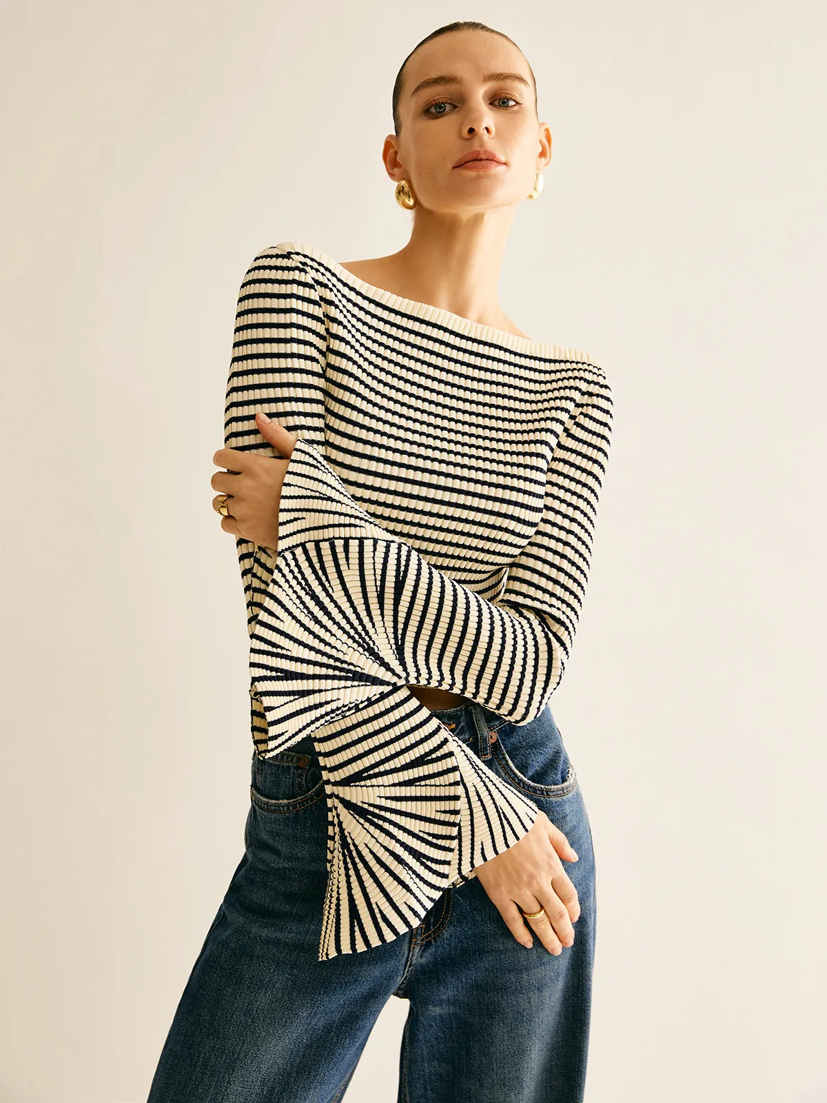 Cold-Shoulder Striped Ruffle-Sleeve Cardigan sold by COMMENSE product image thumbnail 3