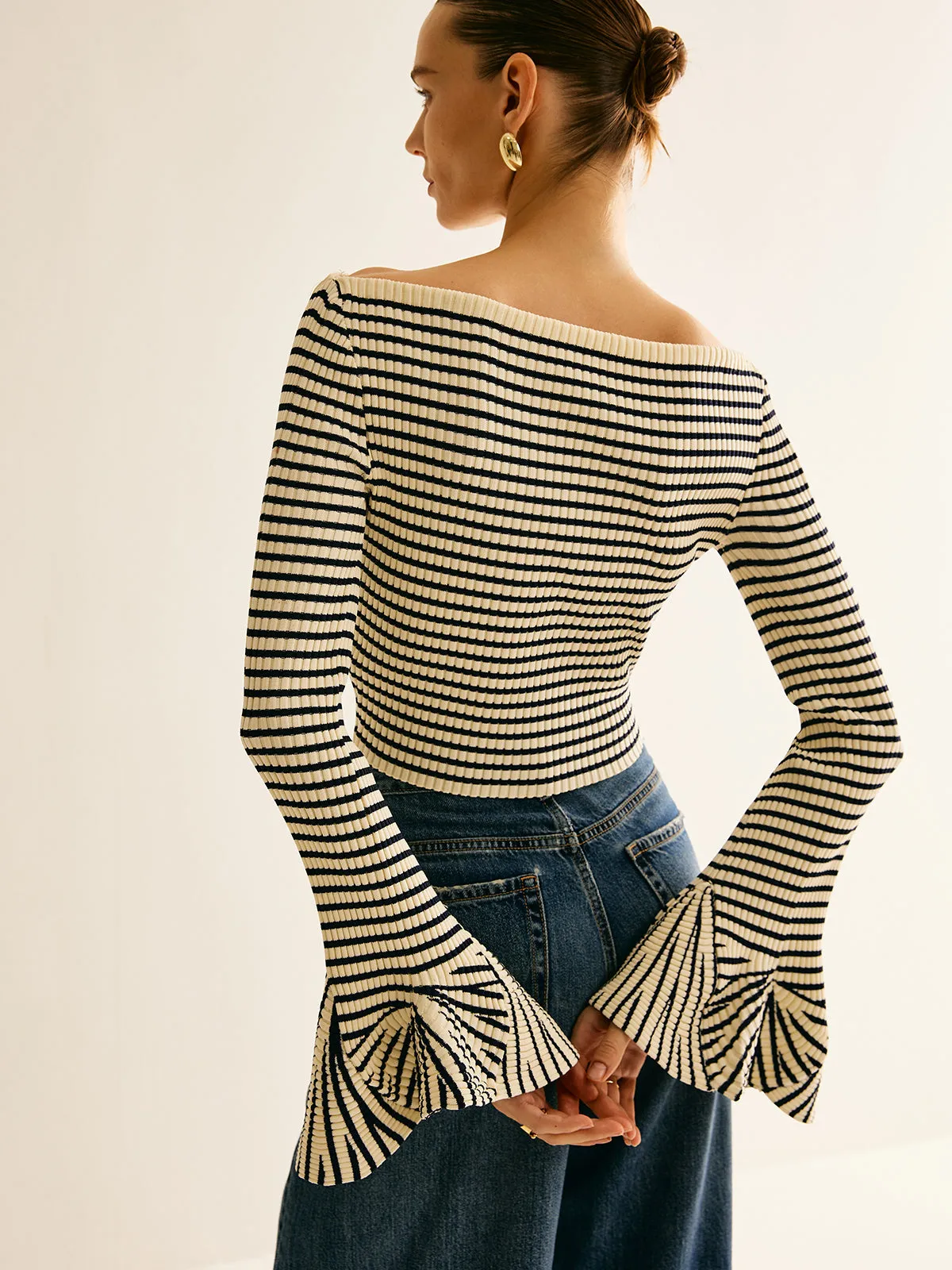 Cold-Shoulder Striped Ruffle-Sleeve Cardigan sold by COMMENSE product image thumbnail 4